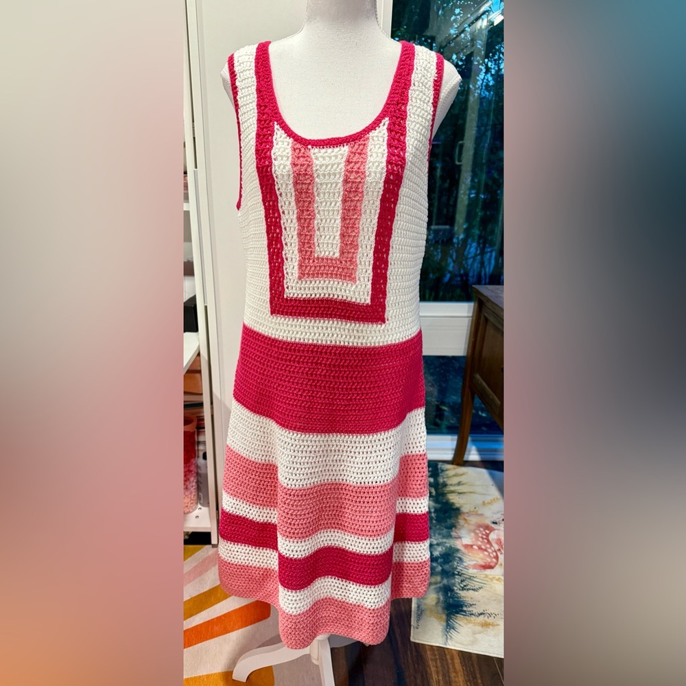 Trina Turk Marcella Dress Crochet Knit Stripe Pink Red White Medium NWT w/ Slip